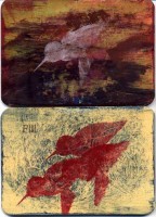 layered, varnished acrylics, pochoir, transfer, beeswax varnish layered, varnished acrylics, pochoir, transfer, beeswax varnish