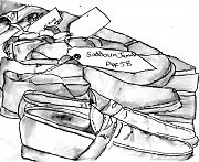 Sketch of shoes with names of Iraqi civilians killed in war on labels Sketch of shoes with names of Iraqi civilians killed in war on labels