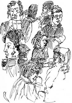 patrons at mishka's cafe: pen and ink