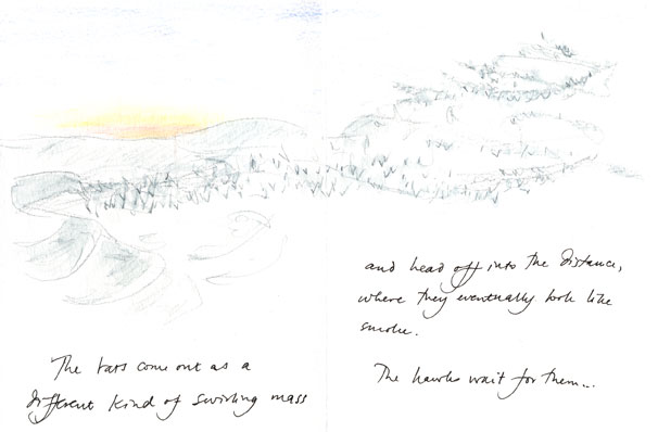 Bats emerging into the dusk, Concan, Texas... Derwent Signature with water applied