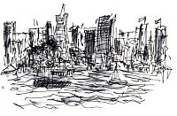 San Francisco from the Alcatraz ferry, pen and ink