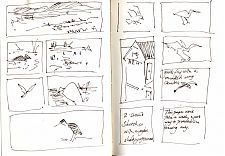 Birds on the Suisun Marsh, from train to SFO, pen and ink