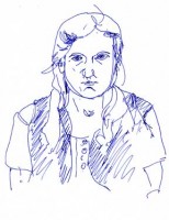 Self-portrait, pen and ink, dazed by football