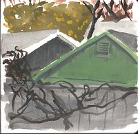 A square format painting of the roofs of two houses behind a wooden fence. 