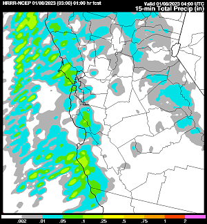 A map showing predicted precipitation in Central California over a 15 minute time period.