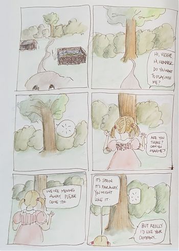 six-panel comic of a garden with a tree at the bottom. A small girl in a smocked dress is talking to two imaginary friends that live in or by the tree, trying to persuade them to come with the family to Spain.