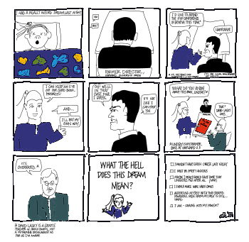 9-panel comic depicting an awkward conversation with two men where I used to work over 25 years ago