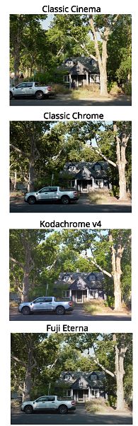 A set of four slightly different images in a single column of a house under sycamore trees with a car parked on the street in front of it. There are labels above each image naming the photo style used for it.