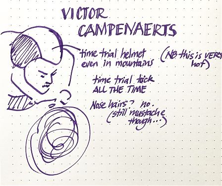 ink drawing of Victor Campenaerts in a time trial tuck