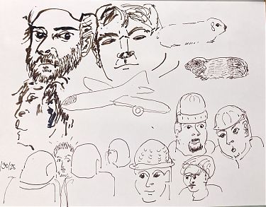 sketches of people and a plane in brown ink