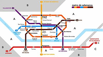 A stylized map showing the routes for the fictional Salamanca metro system