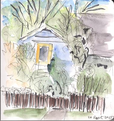 A square format color sketch of a blue house with a lot of vegetation about it and a wooden fence in front of it. 