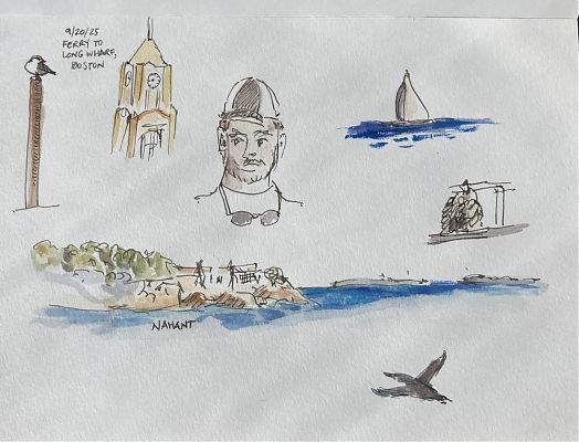 sketches in pen and ink of a ride on the ferry