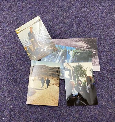collection of color photos of people and places on a purple background
