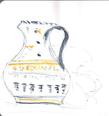 A square format color sketch of a jug with blue and yellow decorations and a large handle.  A square format color sketch of a jug with blue and yellow decorations and a large handle.