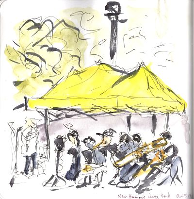 An ink and wash sketch of a music band playing outside under a yellow tent canopy.