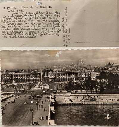 photo of unfinished postcard written from Paris, France