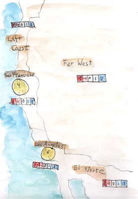 A sketchmap for a game board showing the West Coast of the United States. A sketchmap for a game board showing the West Coast of the United States.