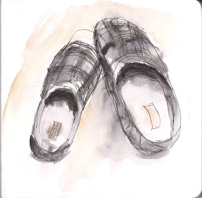 An ink and wash sketch in gray ink and paint of a pair of slippers, with a bit of yellow ochre in the inside. An ink and wash sketch in gray ink and paint of a pair of slippers, with a bit of yellow ochre in the inside.
