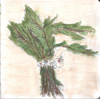 An ink and watercolor pencil sketch of a bunch of dandelion greens on a wooden surface. An ink and watercolor pencil sketch of a bunch of dandelion greens on a wooden surface.
