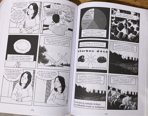 photo of two-page spread of comic in French documenting the harms of fossil fuels, particularly coal