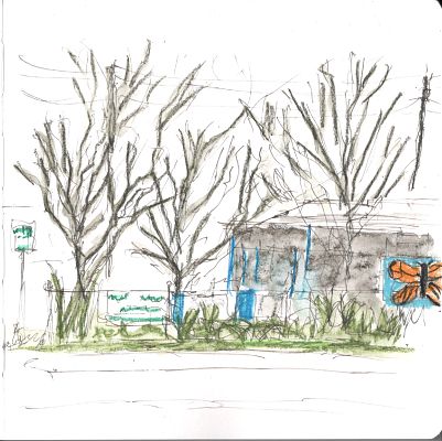 An ink and watercolor crayon sketch of three bare trees in front of a one-story building in the right of the frame. There is a portion of a mural of a monarch butterfly at the very righthand edge of the sketch.