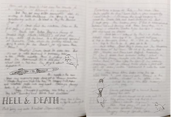 image of blurred-out journal pages with drawings in margins