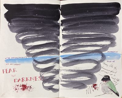 dark watercolor of a vortex with words and a hummingbird sketch