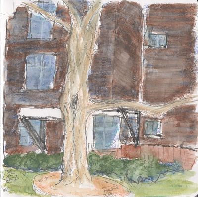 An ink and watercolor crayon sketch of a several-story building with brown shingling.
