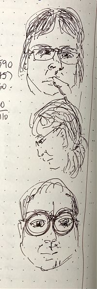 pen and ink drawings of three glum faces