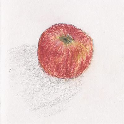 A colored pencil drawing of a red and greenish-yellow apple.