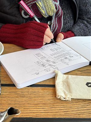 photo of a pen-and-ink sketch in progress