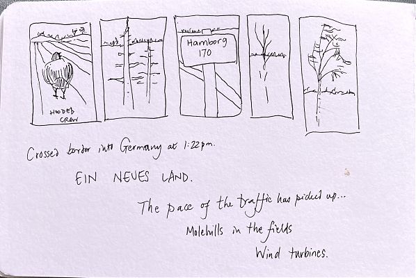five panels in black ink drawn from a bus going from Odense in Denmark to Hamburg, Germany