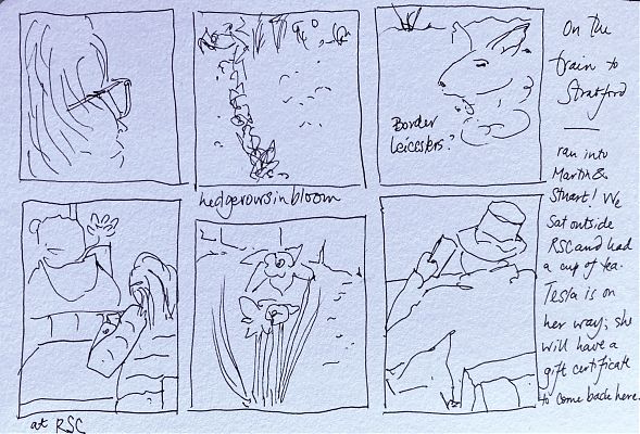 six pen and ink drawings  of people, daffodils, one sheep