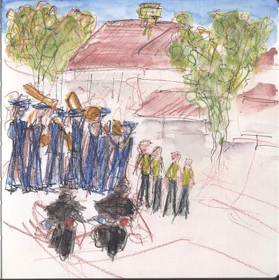 A colored pencil and wash sketch of the head of a parade, led off by two motorcycles, a marching band in dark blue, and coordinators in bright green vests.