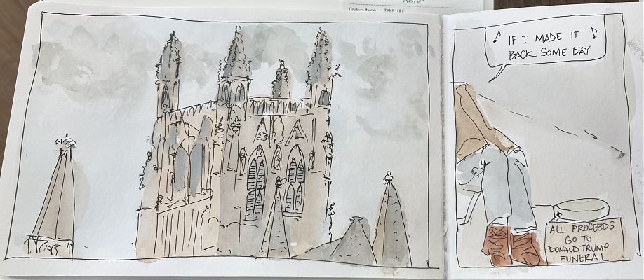 pen and wash sketch of Worcester cathedral