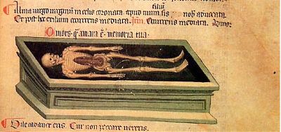 A fragment of a medieval manuscript written in a gothic script with an illumination of a cadaver laid out on a black and green coffin.