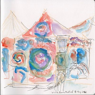 A line and wash sketch of a tent at a bazaar that is painted in tie-dye colors