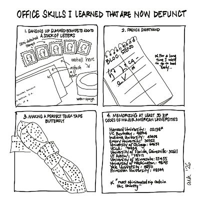 four-panel cartoon depicting office skills that are now defunct; 1-ganging up gummed stamps for batch adding, 2-French shorthand, 3-making a perfect telex tape butterfly, 4-memorizing the zip codes or at least 30 american universities four-panel cartoon depicting office skills that are now defunct; 1-ganging up gummed stamps for batch adding, 2-French shorthand, 3-making a perfect telex tape butterfly, 4-memorizing the zip codes or at least 30 american universities