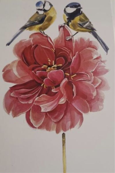 painting of a blue tit and a great tit on a pink flower painting of a blue tit and a great tit on a pink flower