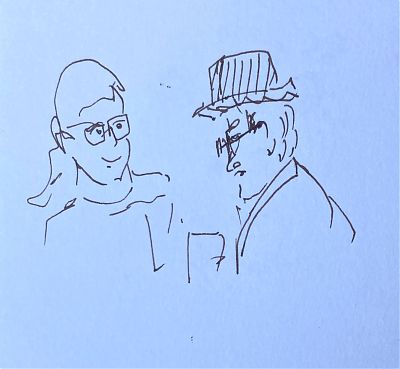 pen and ink drawing of two people sitting in a café