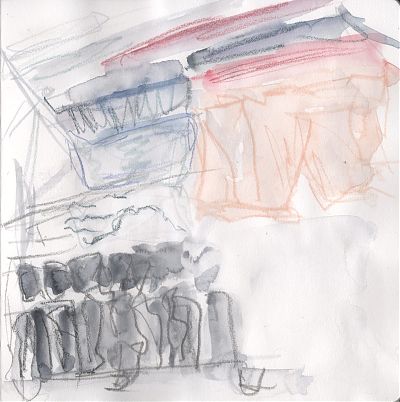 A loose colored pencil and watercolor wash sketch of clothes on a drying rack.