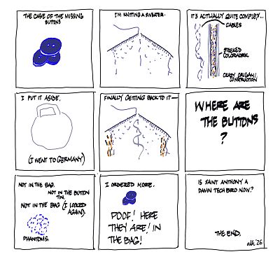 nine-panel comic where some buttons are lost, looked for, finally found after ordering more