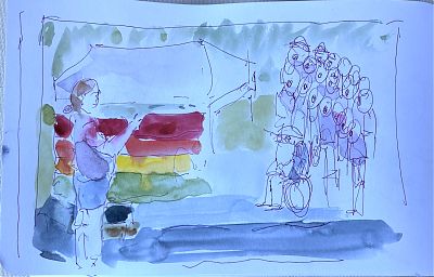 pen and wash sketch of the Sacramento Gay Men's Chorus