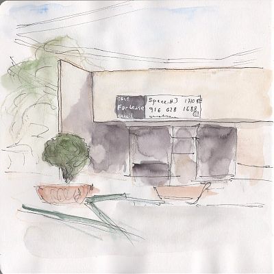 A pen and wash sketch of a one story building with dark windows with a For Lease on it.