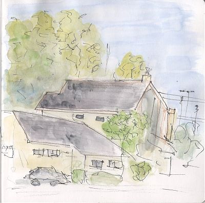 A line and wash sketch of an oblique view of a two-story house with light yellow walls and trees overlooking it.