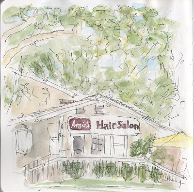 A line and wash sketch of a one-story house with trees above it. There is a large sign in front of the building in maroon and white, the text reading Angie's Hair Salon