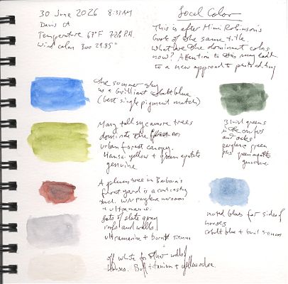 A page of a journal entry from 30 June 2026 headlined Local Color. There are six watercolor swatches on the page: a bright blue, a yellow green, a maroon, a muted blue-green, a muted blue, a steel gray, and a beige. 
