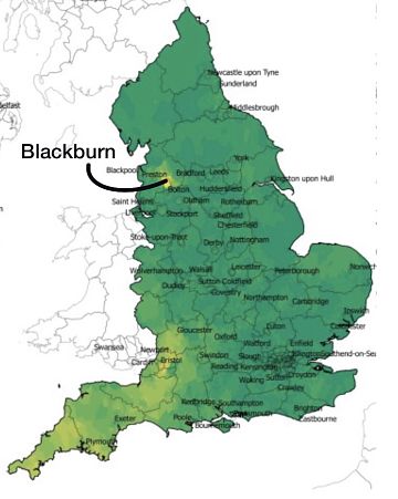map of England indicating rhoticity