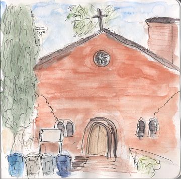 A line and wash sketch of a brick church with a cypress on the left side. 